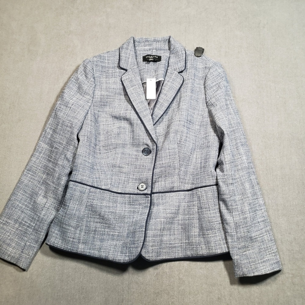 Talbots Blazer Petite 10P Blue White Textured Piping Two Button Jacket‎ PH5090
